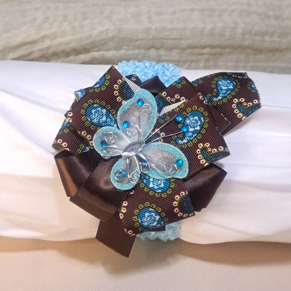 Hand Crafted Baby Girl Headband Brown Paisley Ribbon Blue Butterfly Big Hair Bow